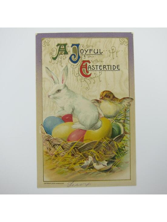 Other - Easter White Rabbit & Chick  Sit on Colored Eggs in Basket Embossed Antique